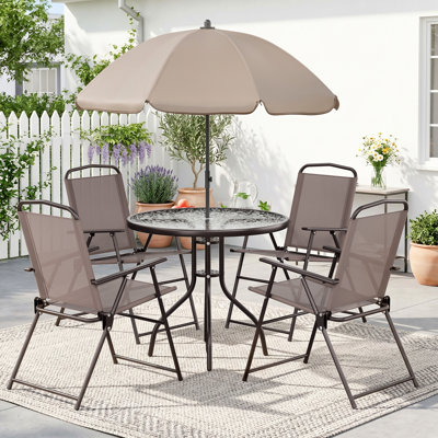 Ensemble de salle à manger de patio 6 pièces avec parasol de 65 po, table d'extérieur et chaises avec table ronde en verre de 31,5 po, 4 chaises pliantes en textilène, ensemble de salle à manger de patio avec structure en acier, pour bord de piscine, jardin (brun)