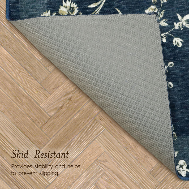 Laura Ashley Aria Floral Border Chenille Machine Washable, Slip Resistant Accent and Runner Rugs