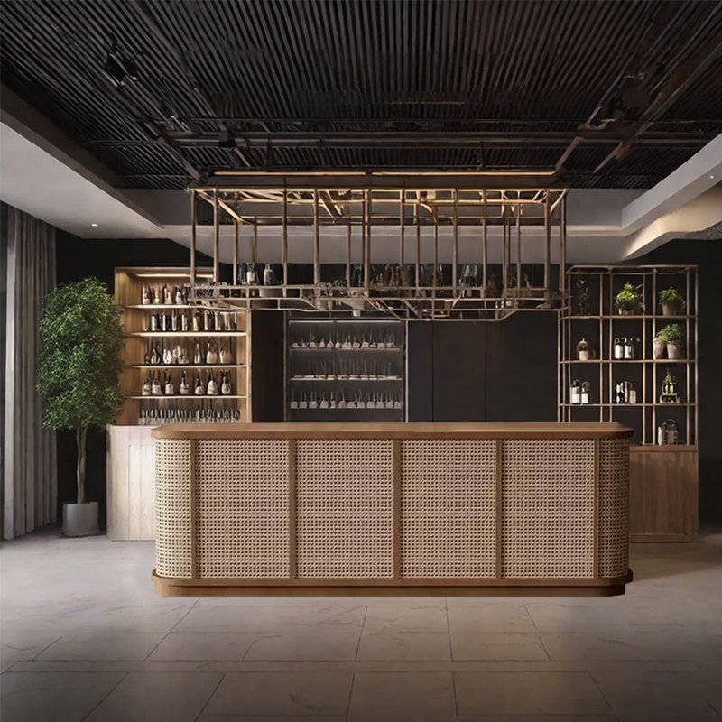 110.23-Inch Vintage Bar Counter Front Desk with Single Countertop, Wine Storage, and Lockable Drawers, Brown
