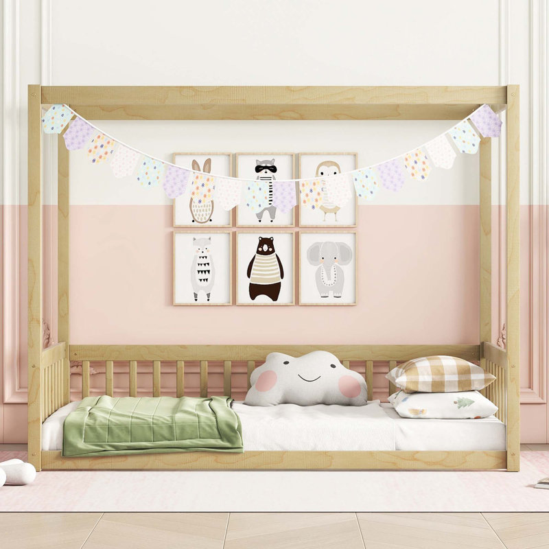 Canopy Frame Floor Bed With Fence, Natural, Twin