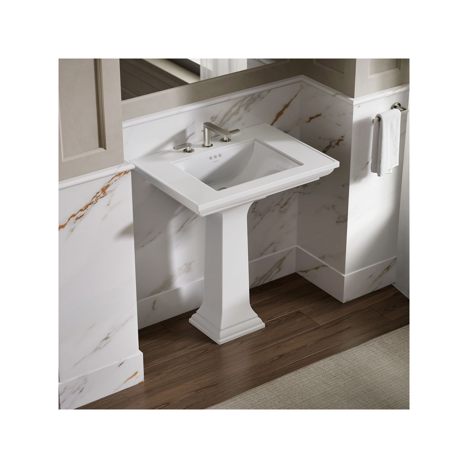 Memoirs Stately Pedestal Bathroom Sink with Faucet Holes, White, 8" Centers, 34.75" H x 22.19" W x 30.69" L