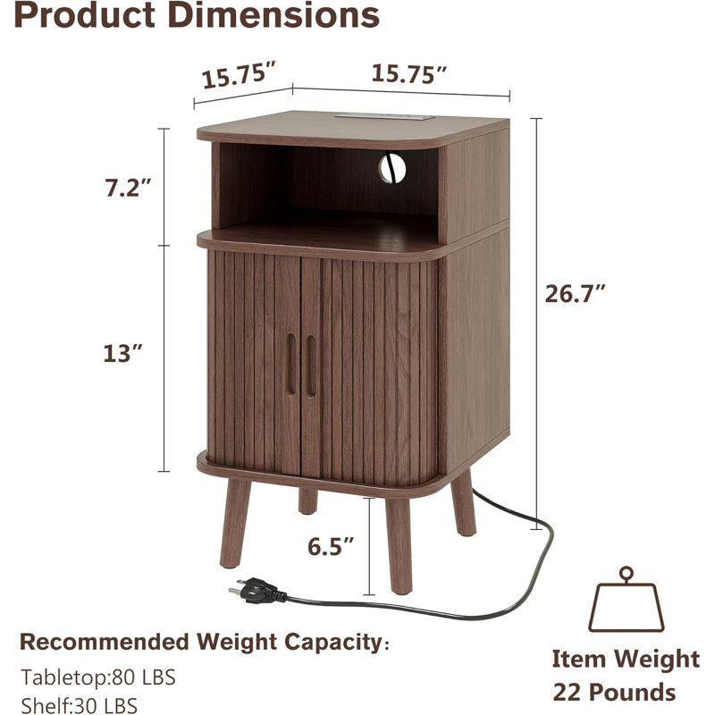 Regar Fluted Nightstand with Charging Station , Brown, Set of 2