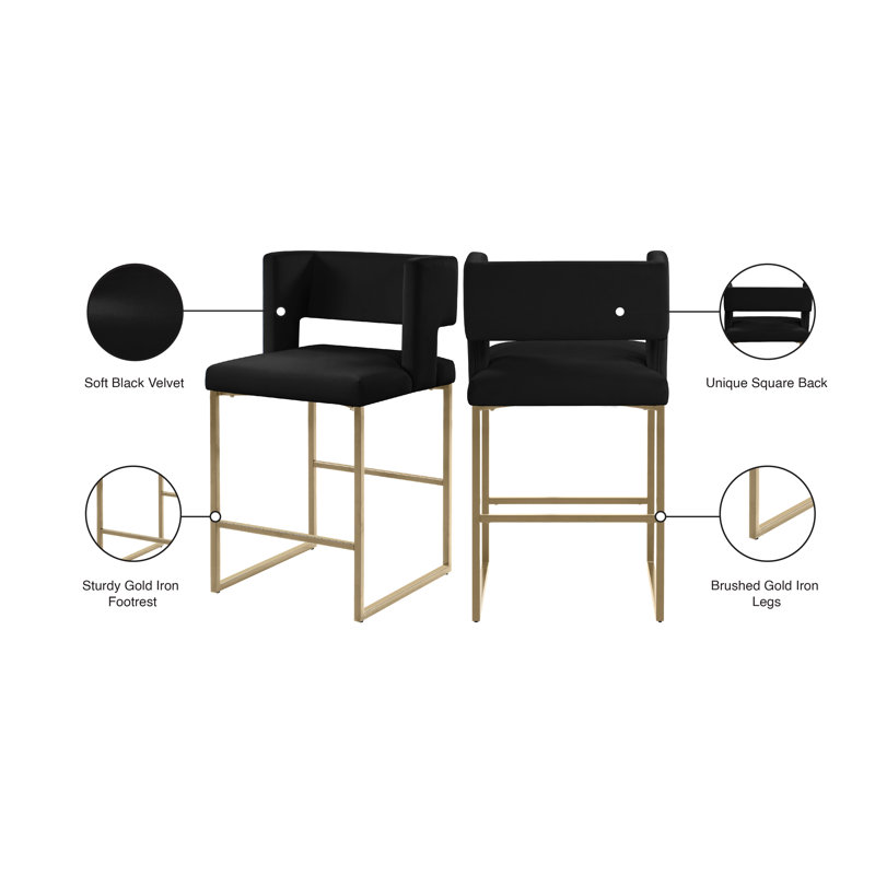 Tabouret de comptoir 26 po Caleb, Velours noir, Or brossé