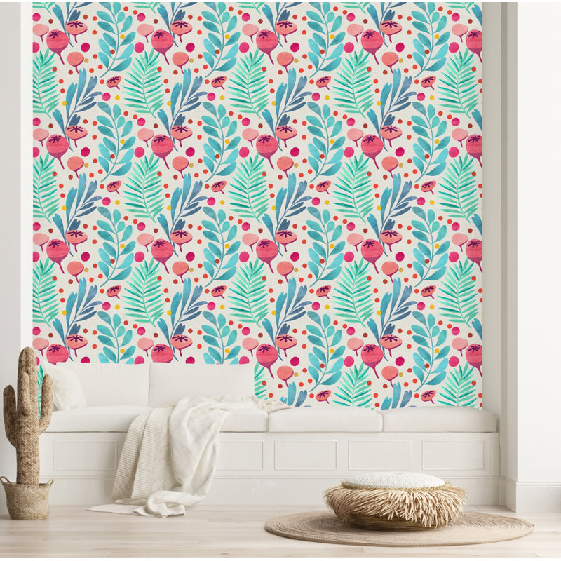 Papier peint rose musquée et feuilles, L 25 po x L 225 po