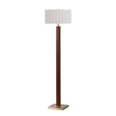 Lampe sur pied Tambo avec structure et base en bois de noyer foncé, abat-jour tambour en lin blanc, style moderne, à intensité variable, pour les salons et les chambres