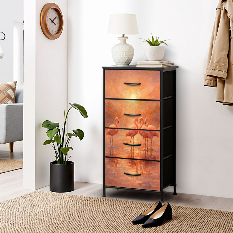 Commode 4 tiroirs pour chambre à coucher, commode étroite, plateau en bois et structure de bureau en fer 18 po x 37,5 po (lxH) - avec un élégant imprimé abstrait de flamants roses au coucher du soleil