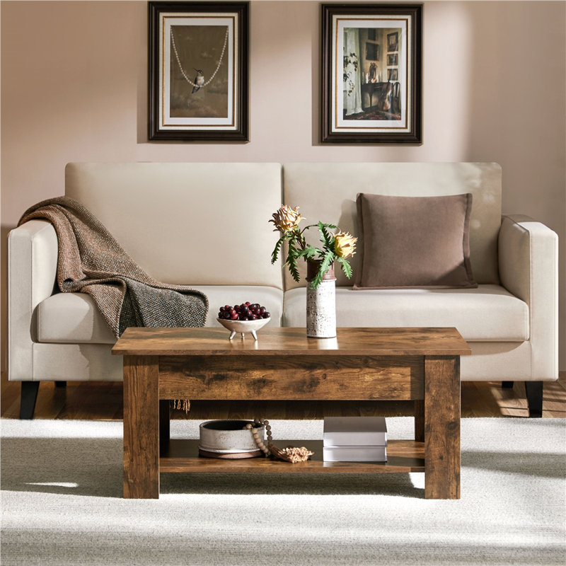 Lift Top Four Leg Coffee Table with Storage, 56cm H x 98cm L x 50cm W, Rustic Brown