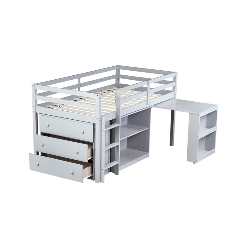 Lit mezzanine simple en bois d'hévéa avec rangement et espace de travail bien pensés, bureau gris bien conçu, Gris