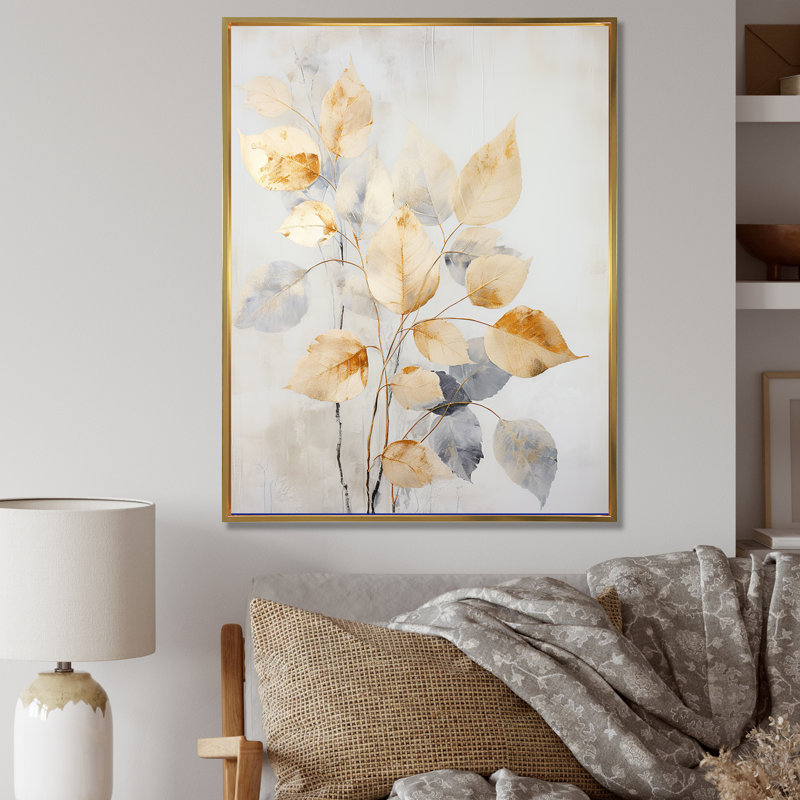 «Gold Minimalisme Leaves Collage II», reproduction sur toile, Cadre flottant doré, H 44 po x l 34 po x P 1,5 po