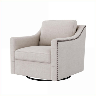 Fauteuil d'appoint ergonomique pivotant à 360 degrés, tissu en lin de coton, garniture cloutée en laiton, pieds noirs pour salon, chambre à coucher, intérieur adulte