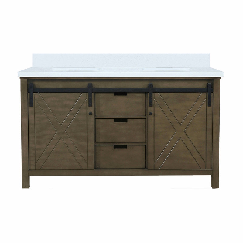 Meuble-lavabo double 60 po X P 22 po D, avec comptoir en quartz blanc, Brun