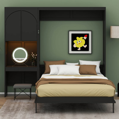 Murphy Bed with Reversible Left-Right Side Cabinet, Murphy Bed with LED Lights, Drawers & Multi Storage Shelves Cabinets