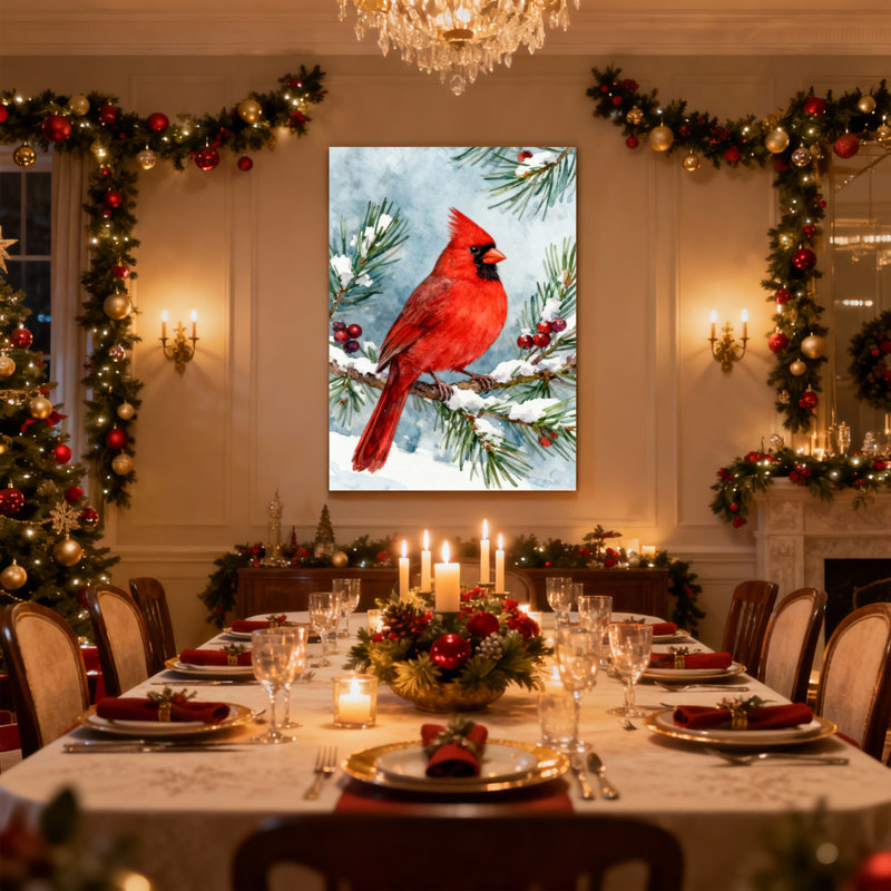 Ensemble de 3 impressions sur toile de Noël cardinal rouge sur une branche de pin enneigée, H 18 po x l 12 po