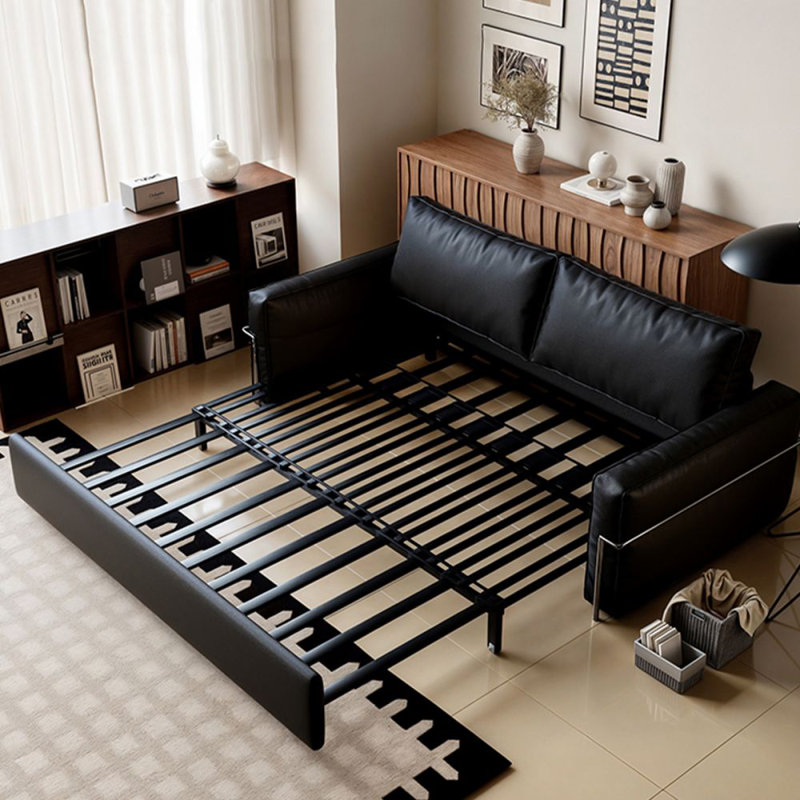 Canapé-lit standard en similicuir noir et acier au carbone, H 34,65 po x l 61,42 po x P 34,65 po 