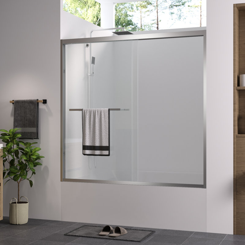 Double Sliding Bathtub Screen With Hardware, 1/4" (6Mm) Tempered Glass, And Step - By Guide For Installation In Bathroom Hardware Shower Enclosure, 56 60"X58", Aluminum Frame, Safe Comfortable