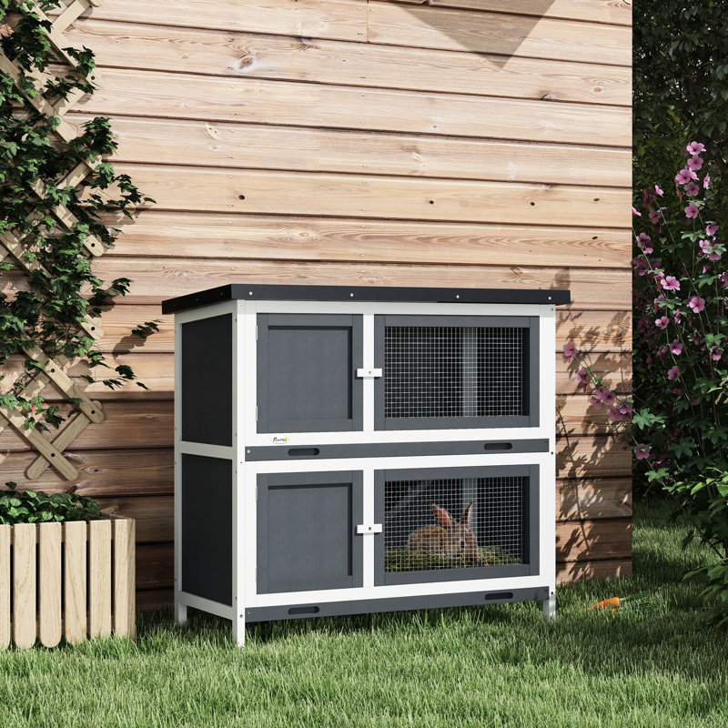 Cage en bois pour petits animaux - Toit et plateau amovible, gris, pour animaux d'intérieur / extérieur