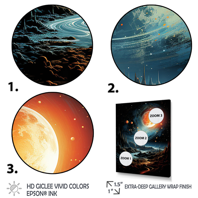 Orange et vert, planète I, espace, art mural, Cadre flottant noir, H 44 po x l 34 po x P 1,5 po