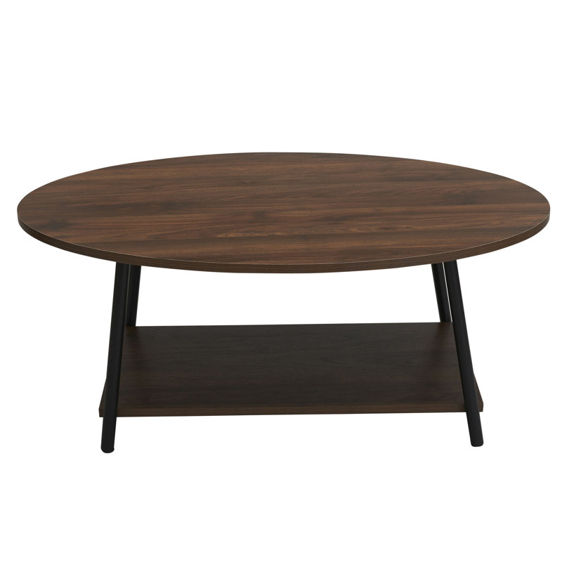 Jamestown Oval Coffee Table with Storage Shelf Mid Century Walnut Grain and Metal Frame, Rustic Brown