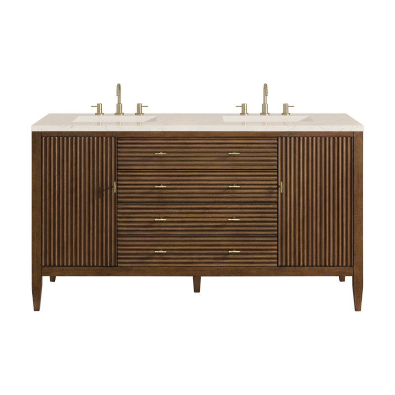 Myrrin 60'' W Double Vanity, Mid-Century Walnut, White Zeus, 8" Widespread