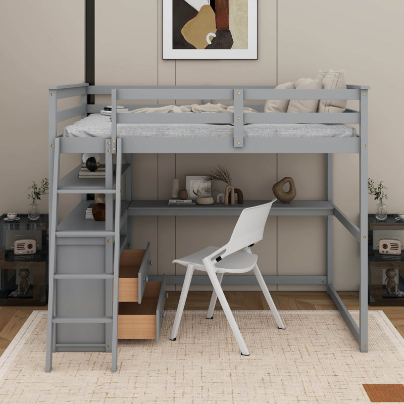 Lit mezzanine double avec bureau et tablettes, Gris