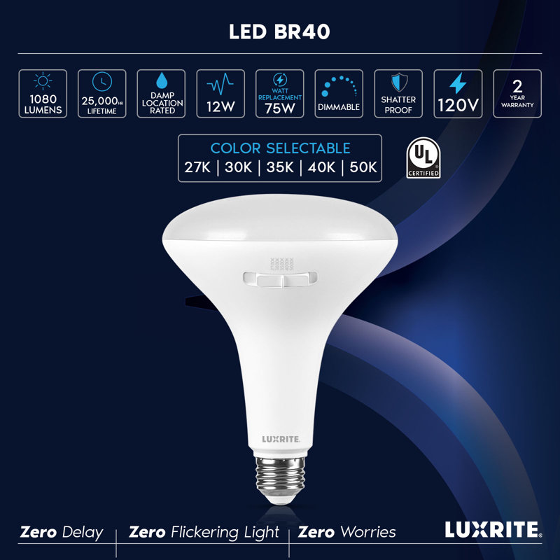 Ampoule DEL Luxrite BR40 12W = 90W 5CCT 2700K 3000K 3500K 4000K 5000K à intensité variable, 1 000 lumens, ampoule DEL à culot moyen, homologuée UL, paquet de 6 à culot moyen E26