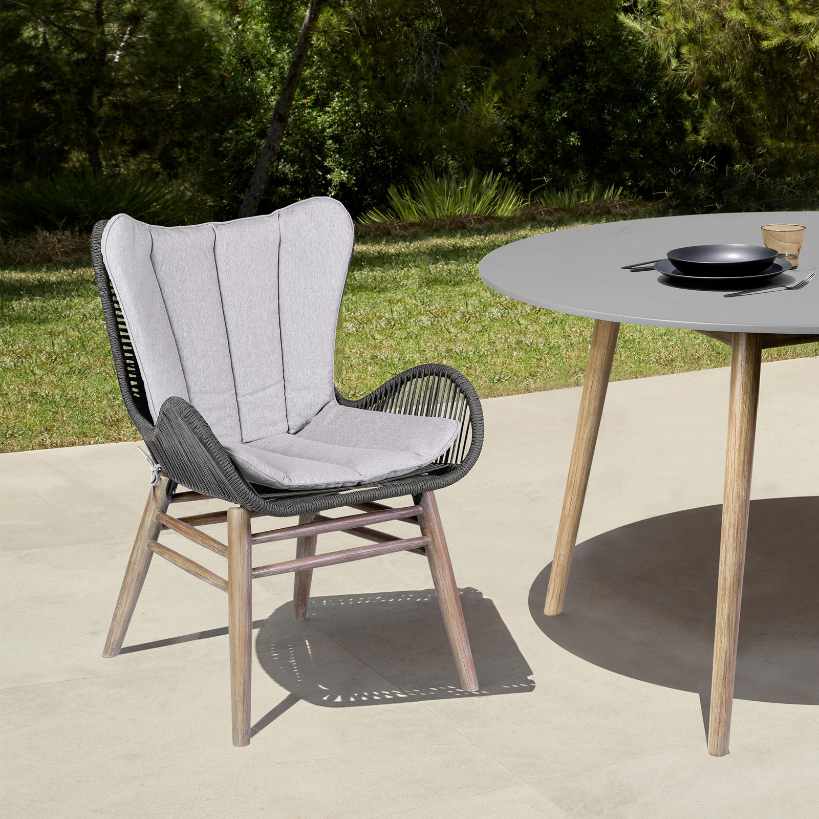 Dayville Wood Premium All-Weather Wicker Outdoor Dining Side Chair with Cushion, Light Eucalyptus