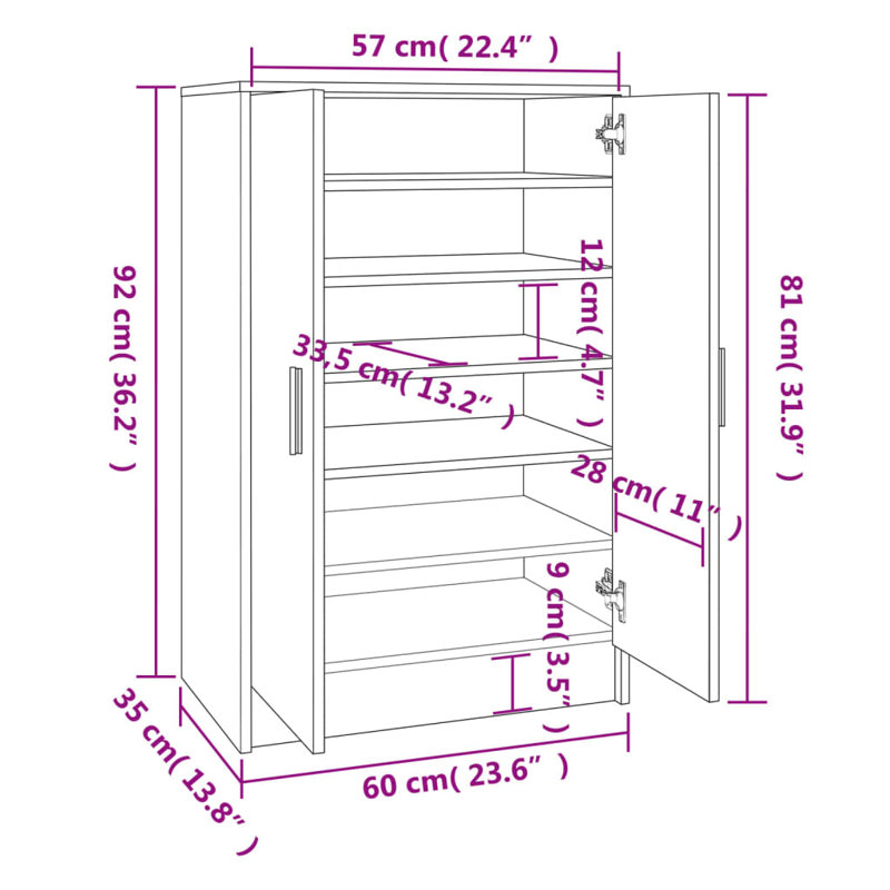Armoire à chaussures en bois d'ingénierie 23,6 x 13,8 x 36,2 po, Chêne fumé
