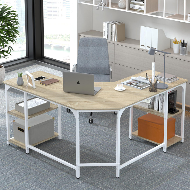 Haillee L-Shaped Metal Base Computer Desk, Beige/White