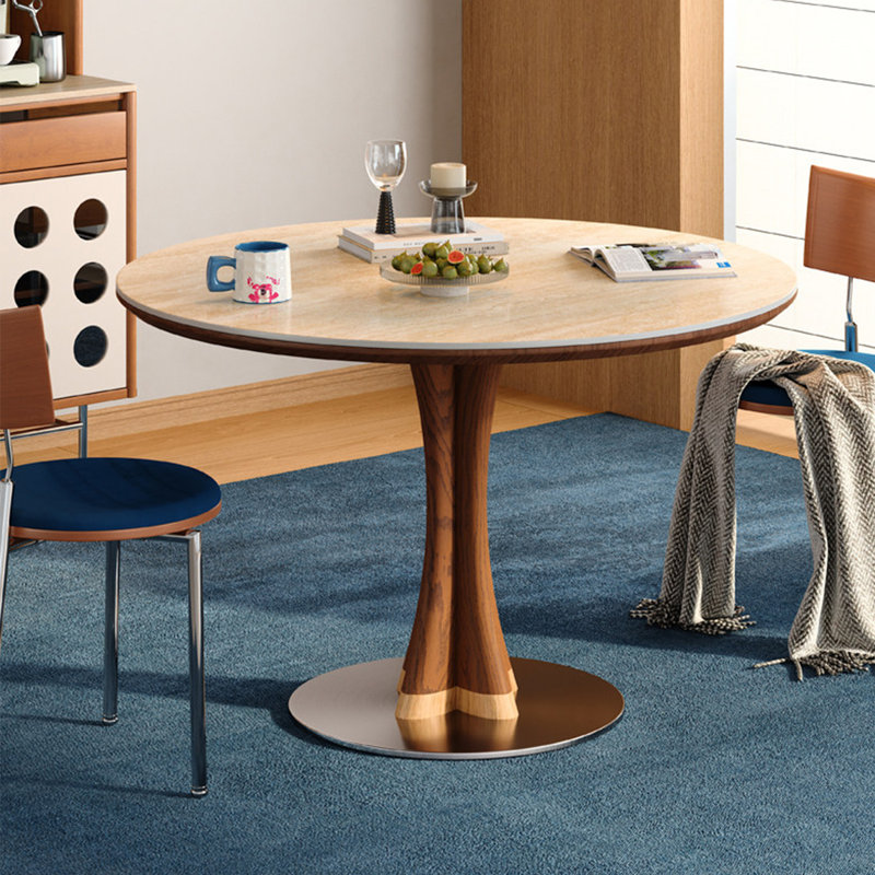 Beige + brun noisette + pierre frittée ronde argentée + bois massif + table de salle à manger en acier inoxydable