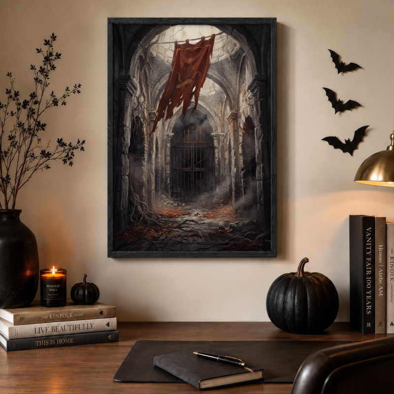 Couloir en pierre en ruine avec des vignes et une toile murale d'Halloween déchirée, 48"H x 32"W