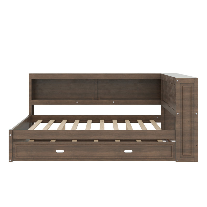 Lit de jour avec tablettes de rangement, USB, DEL et lit gigogne, Bois antique 