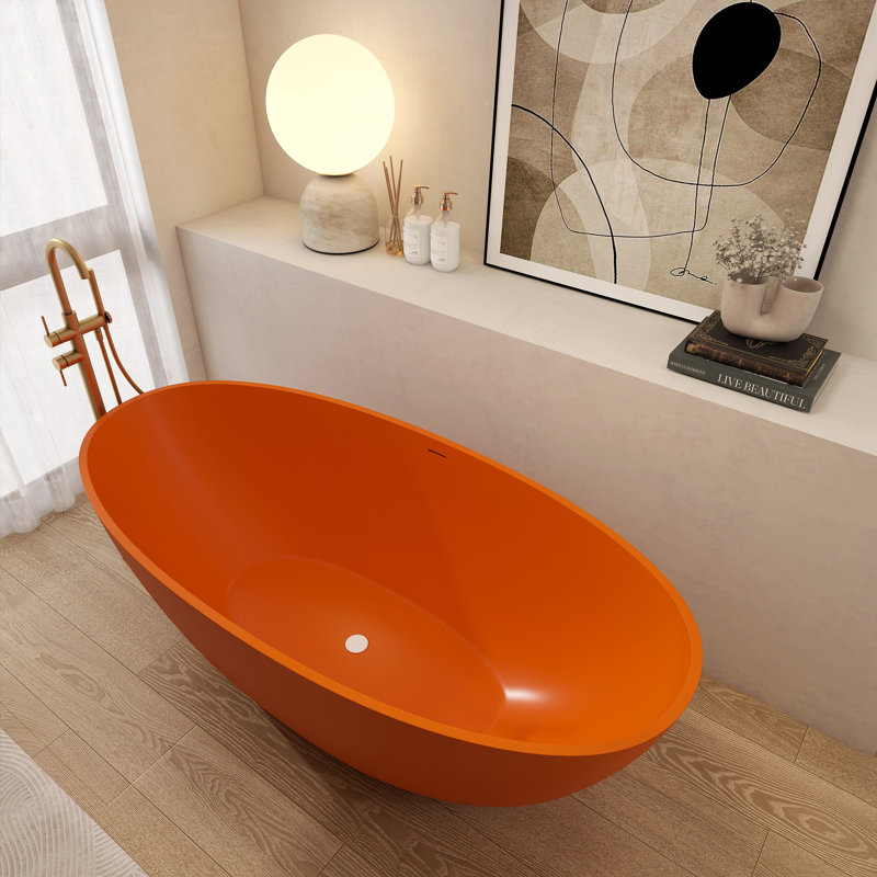 65''Solid Solid Surface Bathtub, Freestanding Soaking Bathtub, Orange