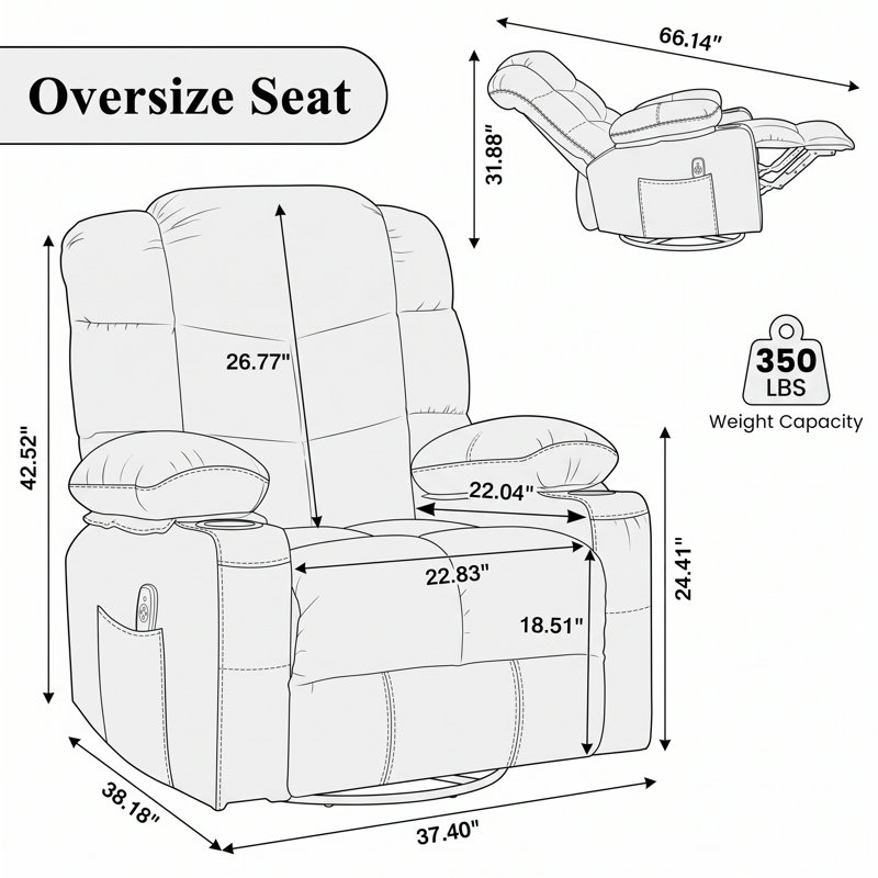 Fauteuil pivotant de massage inclinable surdimensionné, Brun, métal, bois et mousse