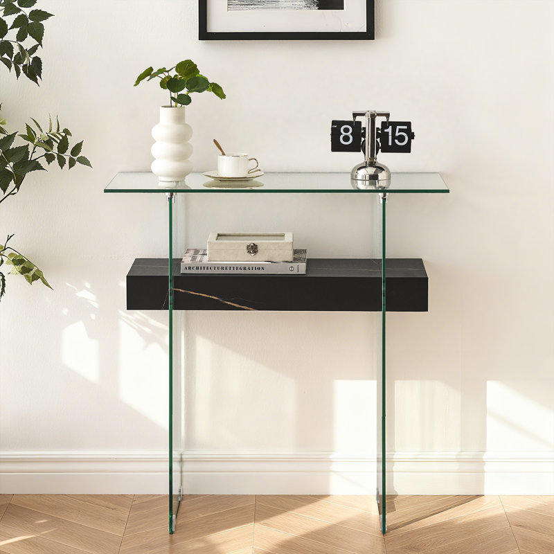 Tempered Glass Console Table with Shelf, Black Marble, 31.5"H x 31.5"W x 13.8"D