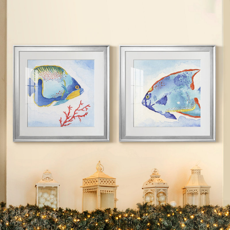 " Galapagos Fish I " 2 - Pieces, 17.5" H x 35" W x 1.5" D, Silver Framed Paper, White