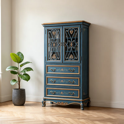 Retro Pattern Solid Wood Birch Blue Buffet Table