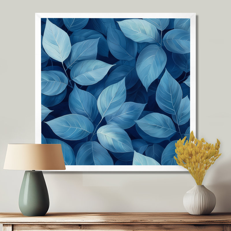 Minimalisme azur feuilles harmonie II - feuilles, art mural, H 36 po x l 36 po, Reproduction encadrée, Blanc