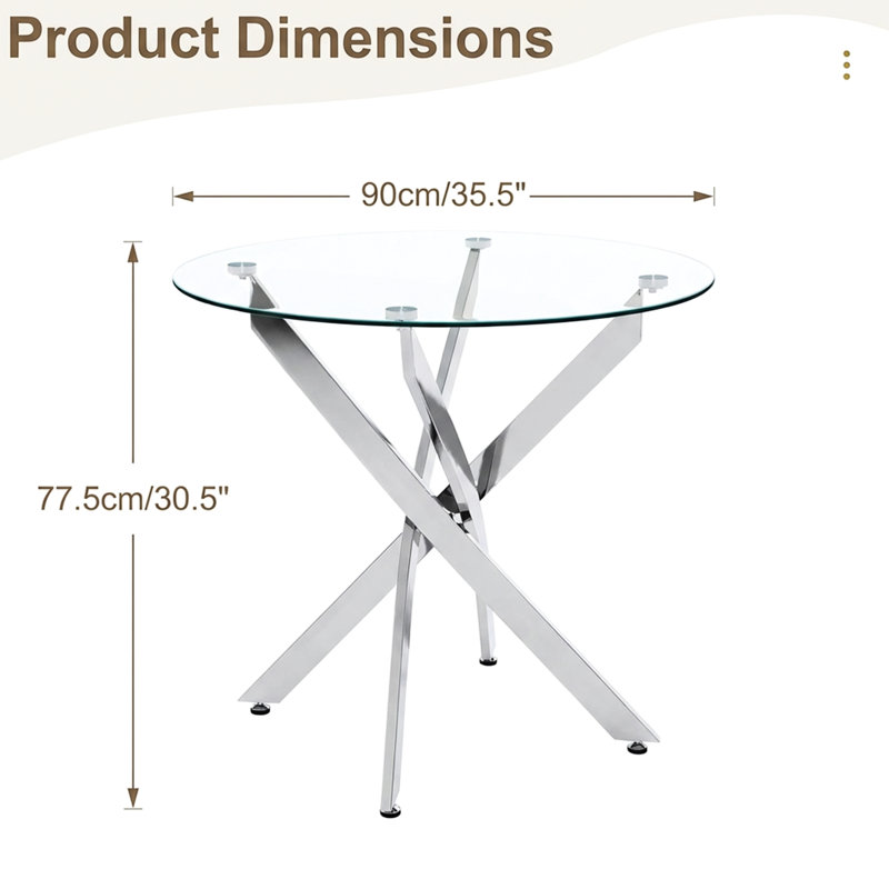 Table de salle à manger ronde en verre de 35,5 po avec pieds argentés, conception moderne pour la maison, verre trempé de 8 mm, réduction des risques de collision, table d'assemblage simple, surface lisse et bord poli, idéal pour une famille