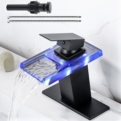 Robinet cascade encastré en verre à DEL avec drain escamotable, robinet de lavabo de salle de bain noir mat Mosson
