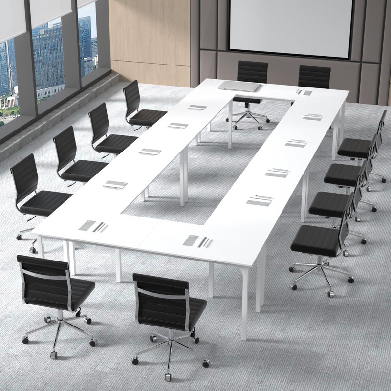  55" Conference Table, Modern Office Meeting Table With Metal Frame, White/White, H 27,6 po x L 79 po x l 23,6 po