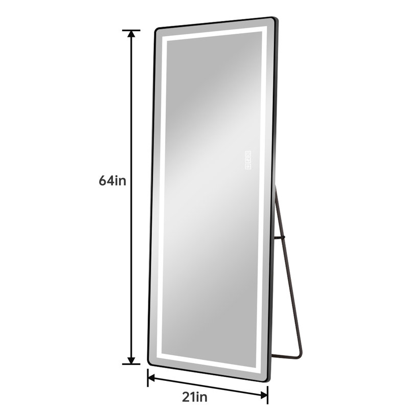 Miroir de sol à DEL noir de 21 pouces de large avec fonction de gradation, support sur pied, trois températures de couleur, pas de déformation du mur 64 x convenant à divers cas de figure