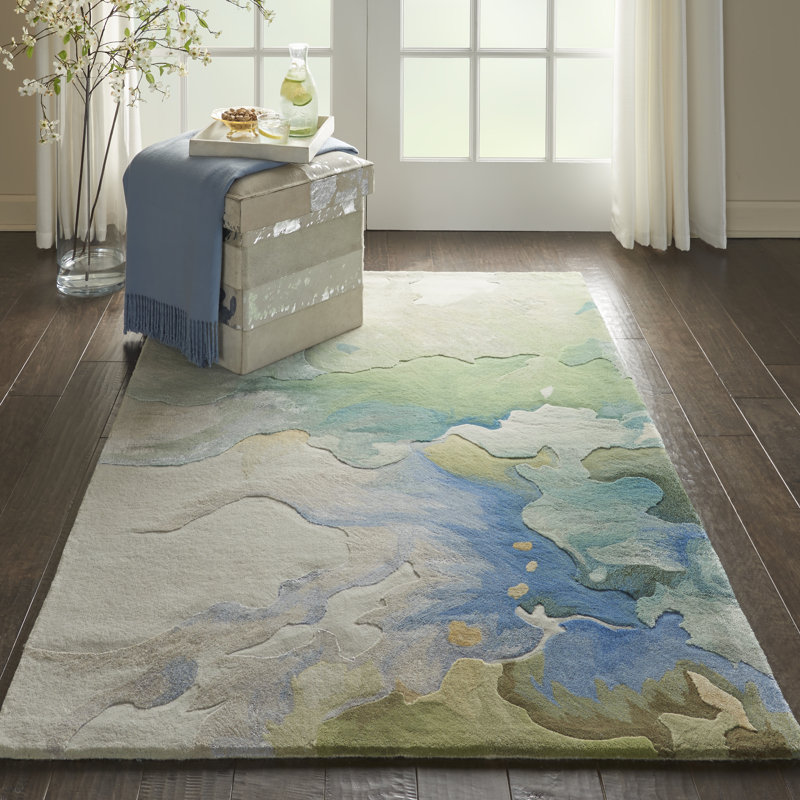 Tapis vert moderne fait à la main Versailles, Rectangle 8 pi 6 po x 11 pi 6 po