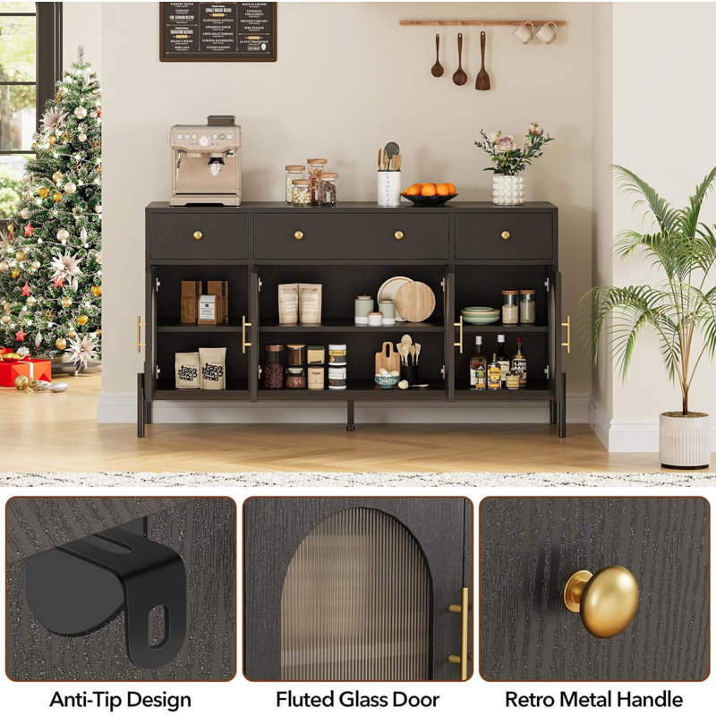 Black Iron and Engineered Wood Buffet Cabinet with Fluted Glass Doors