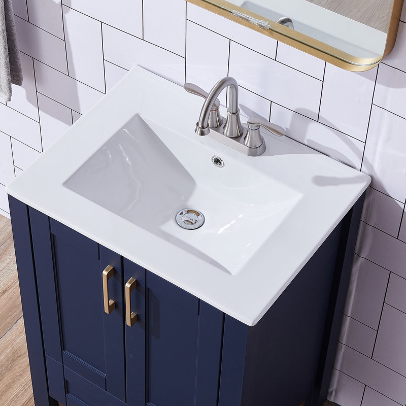 24" Modern Free-Standing Single Bathroom Vanity With Ceramic Top, Blue