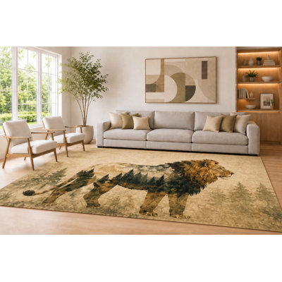 Tapis à motif de lion en bois beige et vert 6 pi 7 po x 9 pi 10 po «Ultra Léger» pour le salon, tapis doux à poils courts avec envers en silicone antidérapant, décoration pour la salle à manger et le bureau à domicile