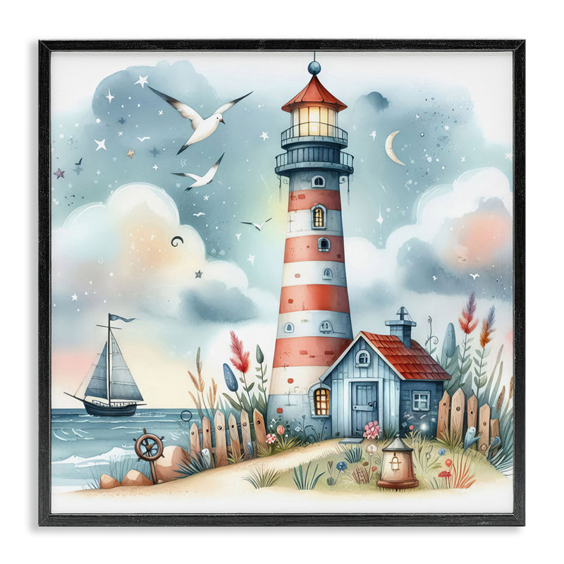 Art amusant de giclée du phare maritime par LSR Design Studio, H 12 po x l 12 po, Giclée encadrée noir minuit