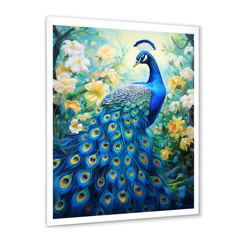 Yunick bleu sarcelle symboliste - art mural paon pour le salon, H 44 po x l 34 po, Toile tendue