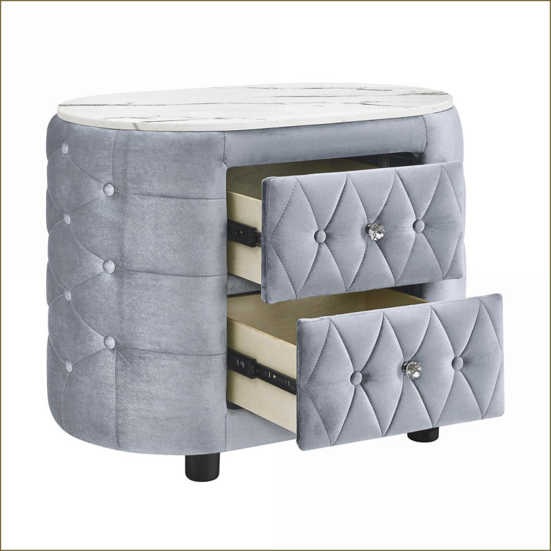 Modern Gray Fabric Nightstand with Faux Marble Top &amp; 2 Drawers, Gray