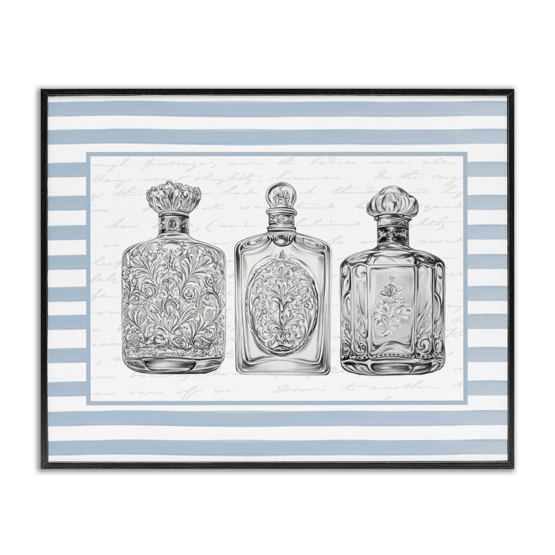 Giclée encadrée de bouteilles ornées sur rayures bleues, design par lettré et doublé, H 11 po x l 14 po