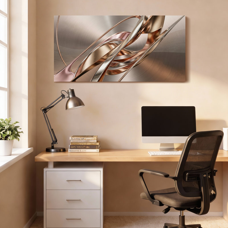 Ensemble de 1 tableau abstrait à motif de vagues métalliques cuivrées, H 16 po x l 32 po